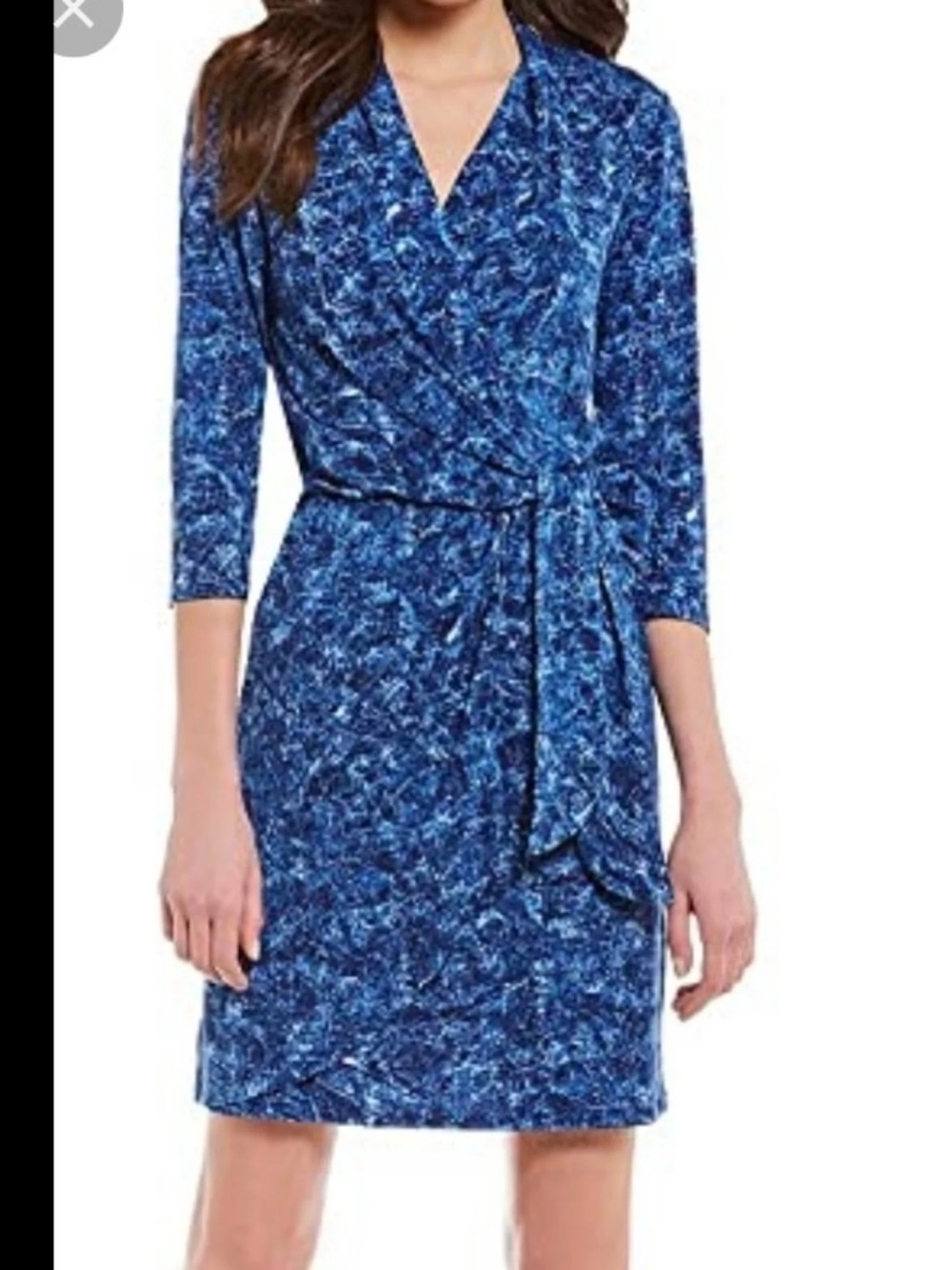 Halston Blue Faux Wrap Midi Dress Size small, 3/4 Sleeves Knee Length
